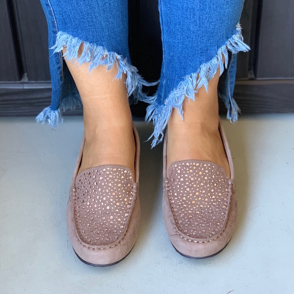 Leather Embellished Sparkle Moccasin Loafers - Picture 1 of 4
